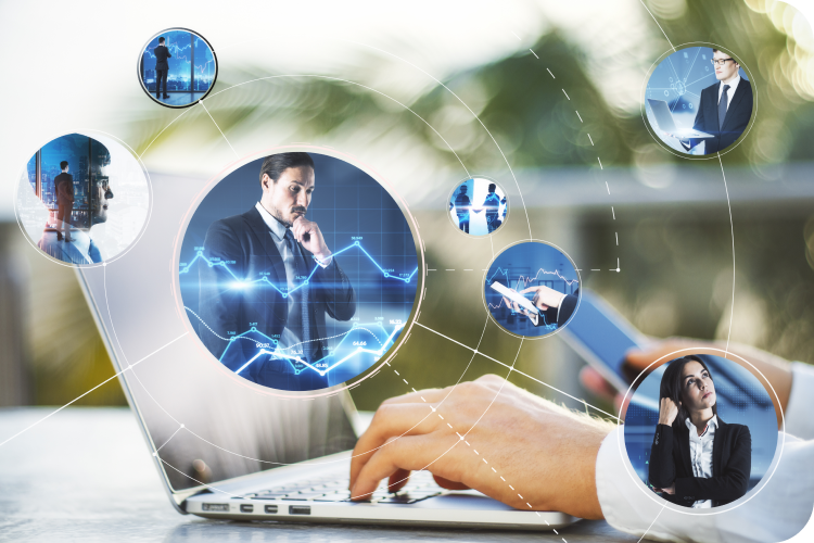 close up businessperson hands using laptop smartphone with abstract connections businesspeople forex charts blurry background trade network communication finance concept 1