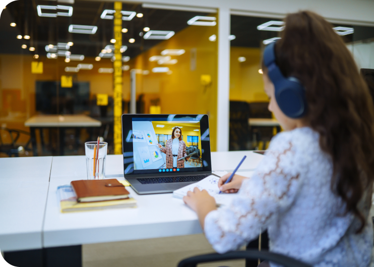 online education schoolgirl headset sit home desk watch education video lesson home schooler 1